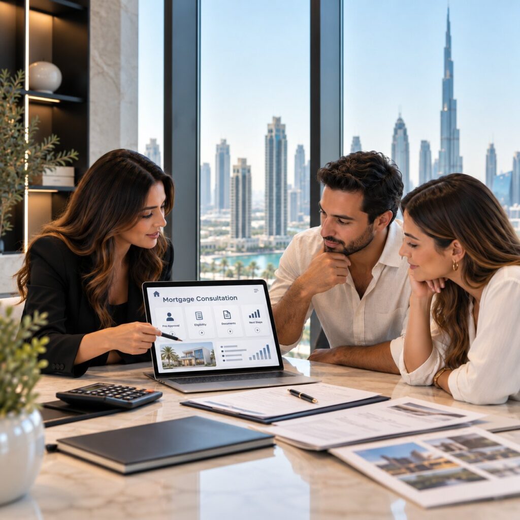 Houzon mortgage adviser talking a couple through a mortgage consultation, with the Dubai skyline behind